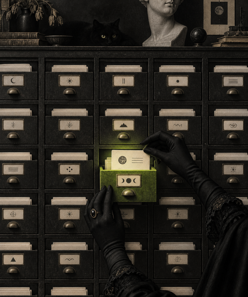 Archivador oscuro con tarjetas crema y un cajón verde abierto por unas manos enguantadas