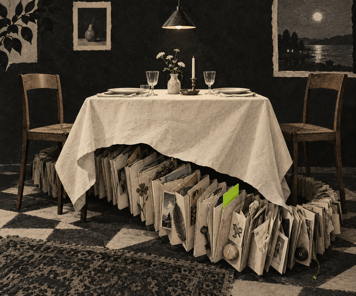 Mesa preparada para dos con un extenso archivo de recuerdos oculto bajo el mantel