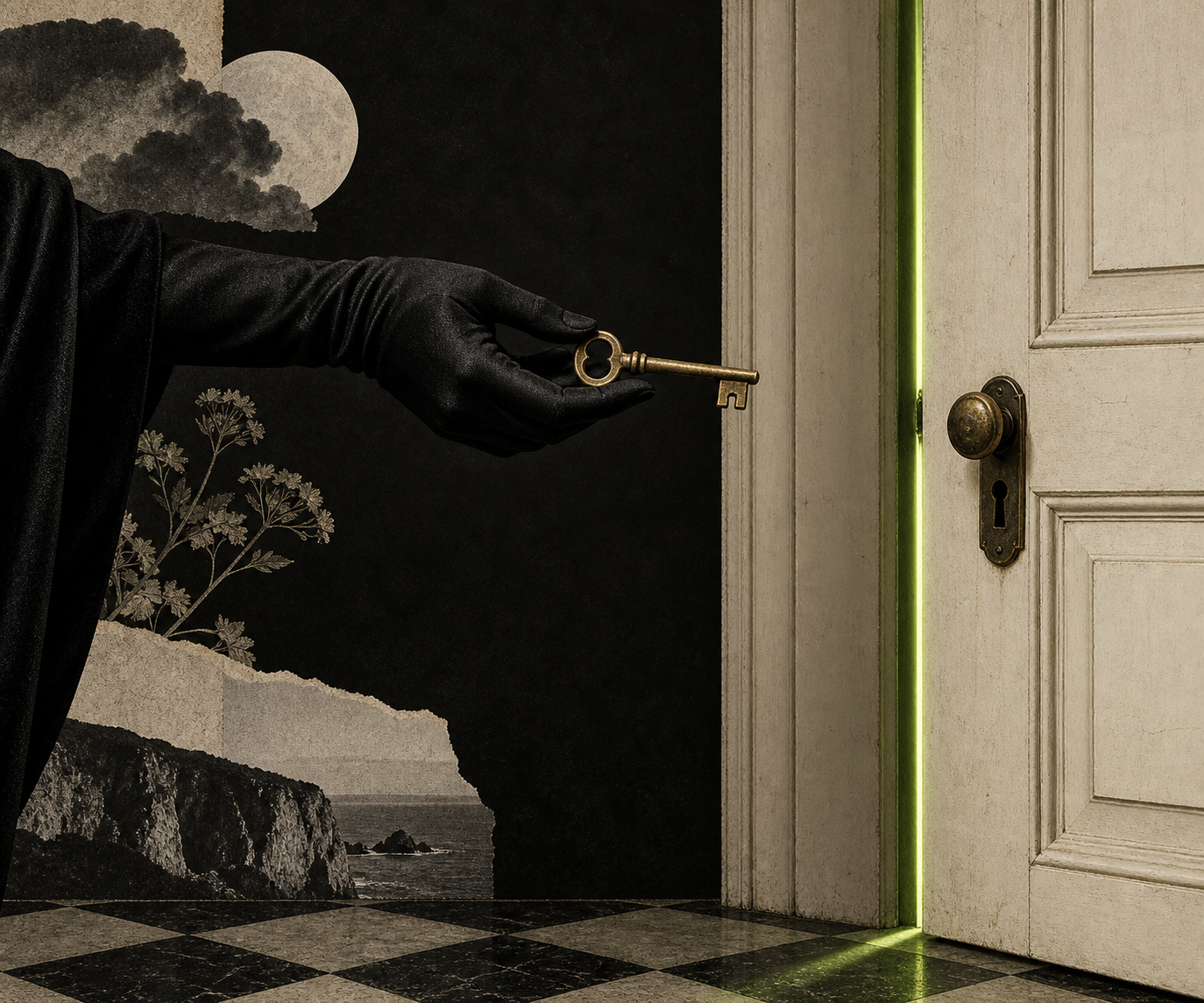 Mano enguantada ofrece una llave ante una puerta cerrada con una línea de luz verde