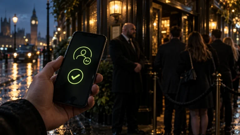 Una mano sostiene un teléfono con un símbolo verde de verificación ante la entrada nocturna de un bar londinense.