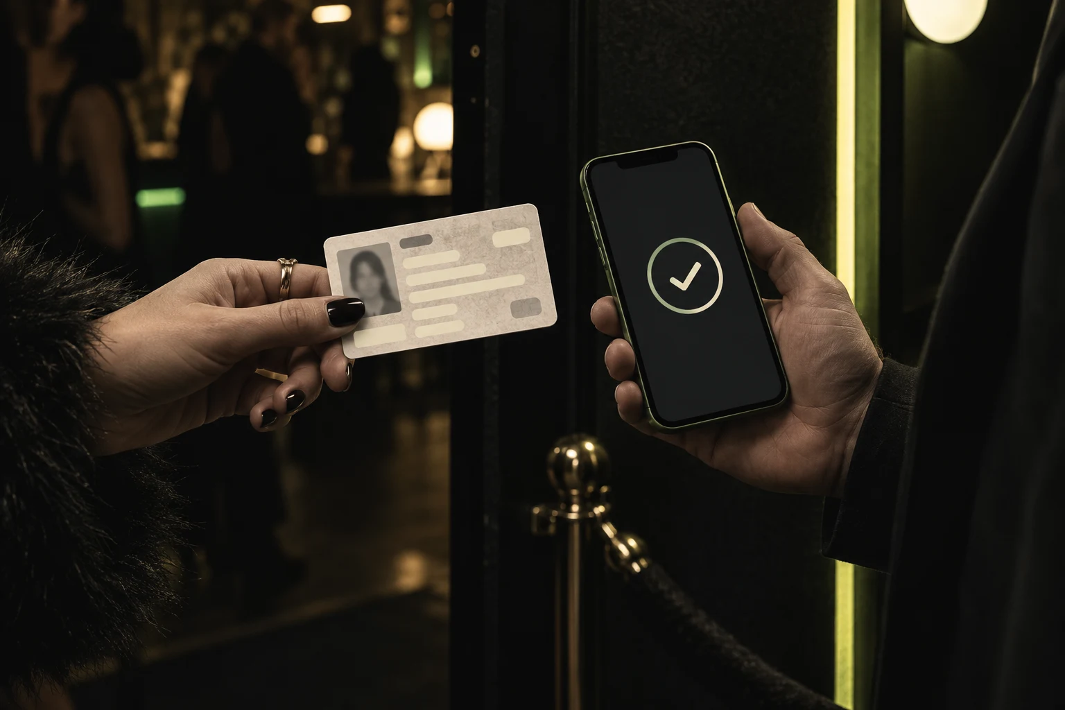 Dos manos presentan, frente a la entrada de un bar, una tarjeta de identidad y un teléfono con un símbolo de verificación.