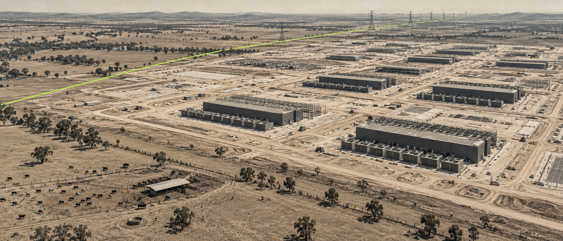 Vista aérea de grandes edificios de centros de datos en construcción sobre terreno ganadero junto a líneas eléctricas