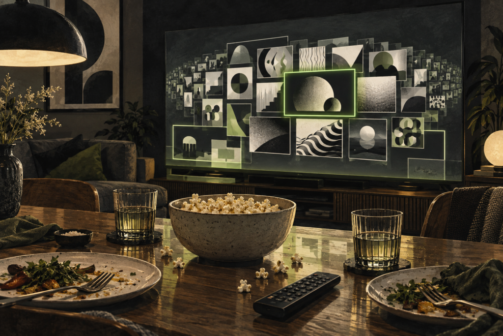 Televisor con muchas carátulas abstractas frente a una mesa con palomitas, platos y mando a distancia.