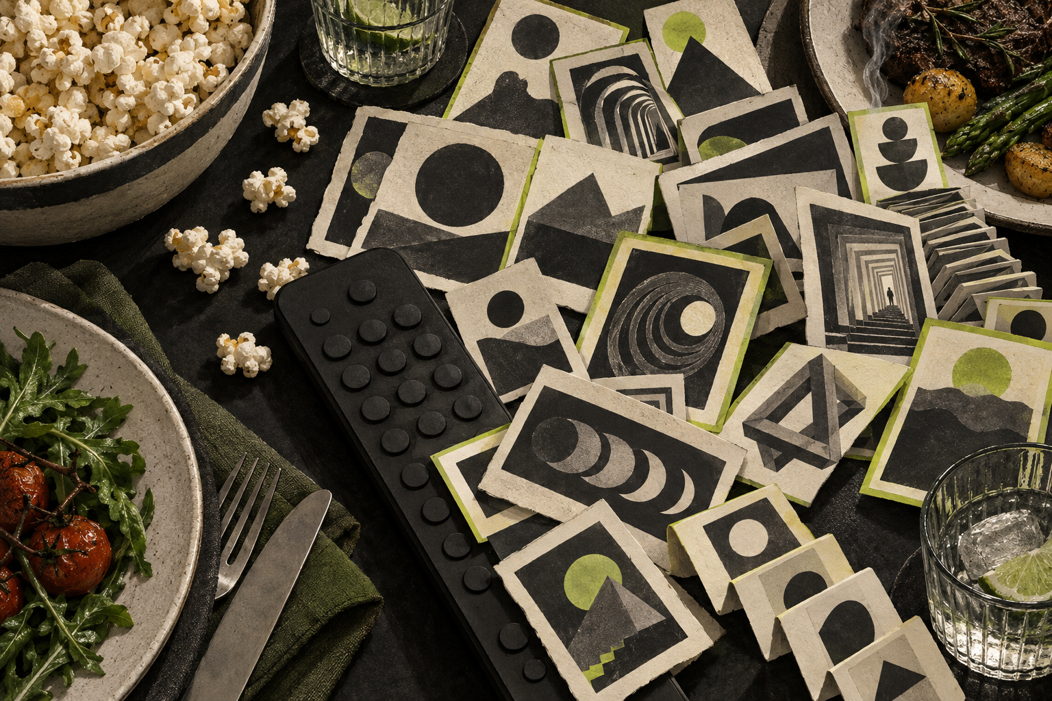 Mando a distancia rodeado de tarjetas de películas abstractas, palomitas y platos sobre una mesa.
