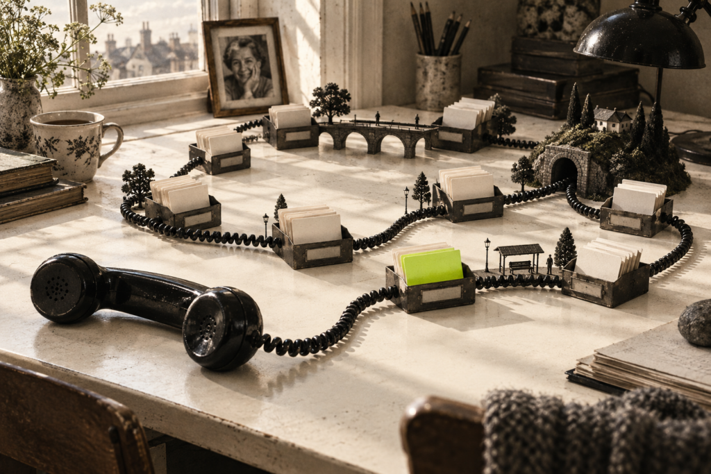 El cable de un teléfono recorre un circuito de archivadores como un tren en miniatura, junto a una ventana.