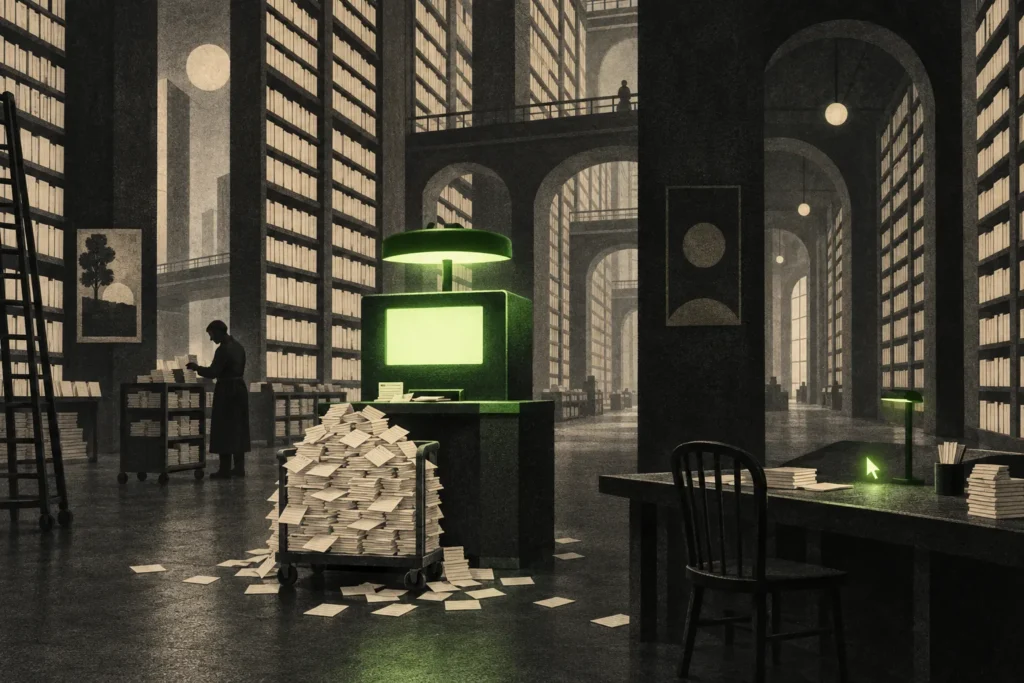 Biblioteca oscura de estanterías altas con un mostrador iluminado en verde y un carrito desbordado de fichas junto a una lectora en sombra.