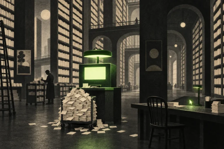 Biblioteca oscura de estanterías altas con un mostrador iluminado en verde y un carrito desbordado de fichas junto a una lectora en sombra.