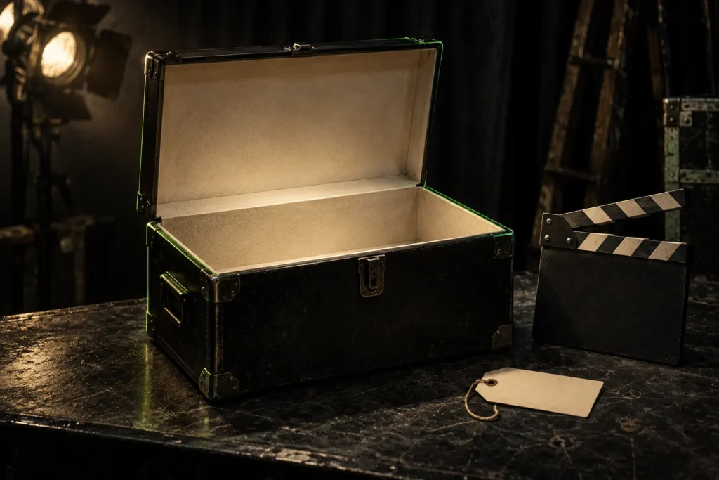 Caja negra de utilería abierta y vacía sobre una mesa oscura, junto a una claqueta y una etiqueta sin texto.