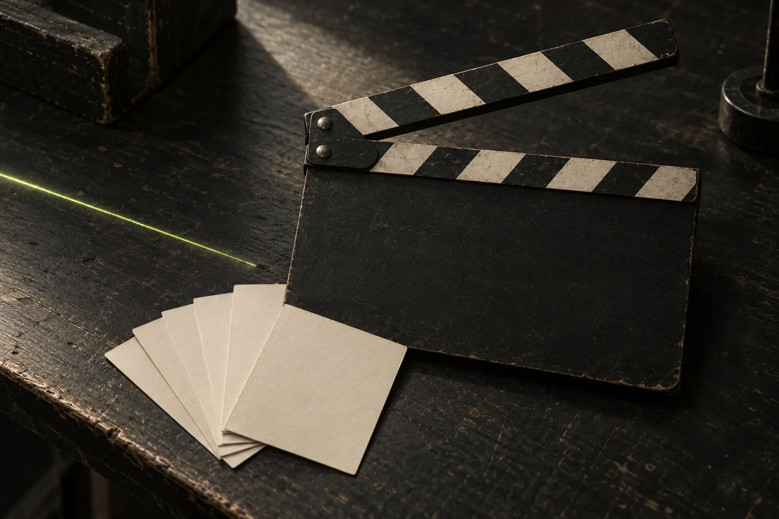 Claqueta de cine abierta sobre una mesa oscura, junto a varias tarjetas crema en blanco y una línea de luz verde.