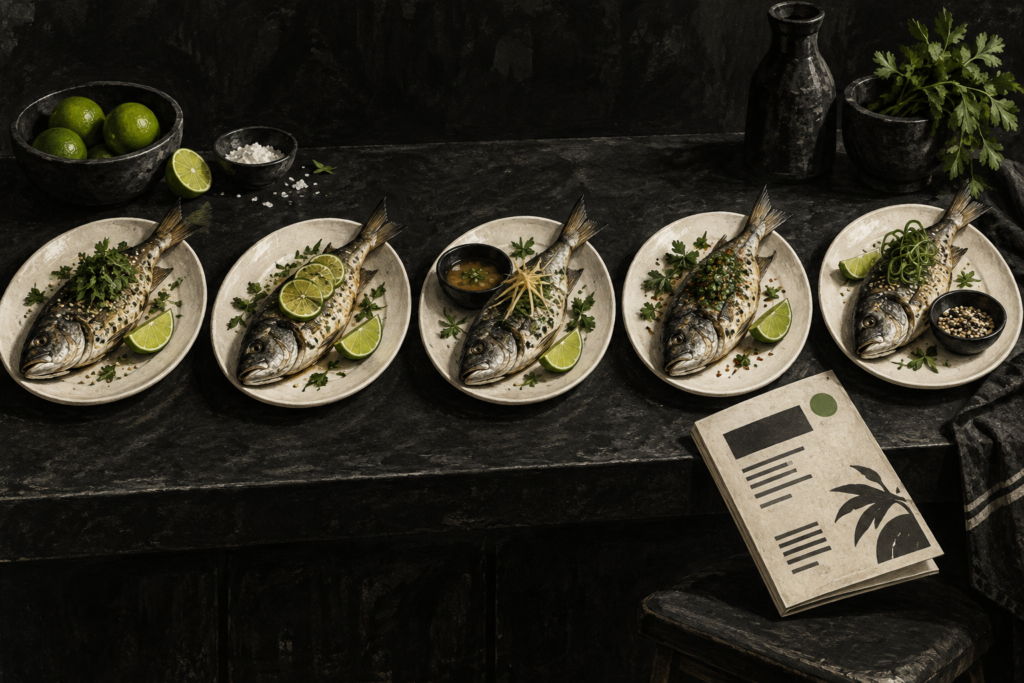 Cinco pescados enteros en platos crema, con distintos aderezos, junto a limas y un menú plegado sobre una encimera oscura.