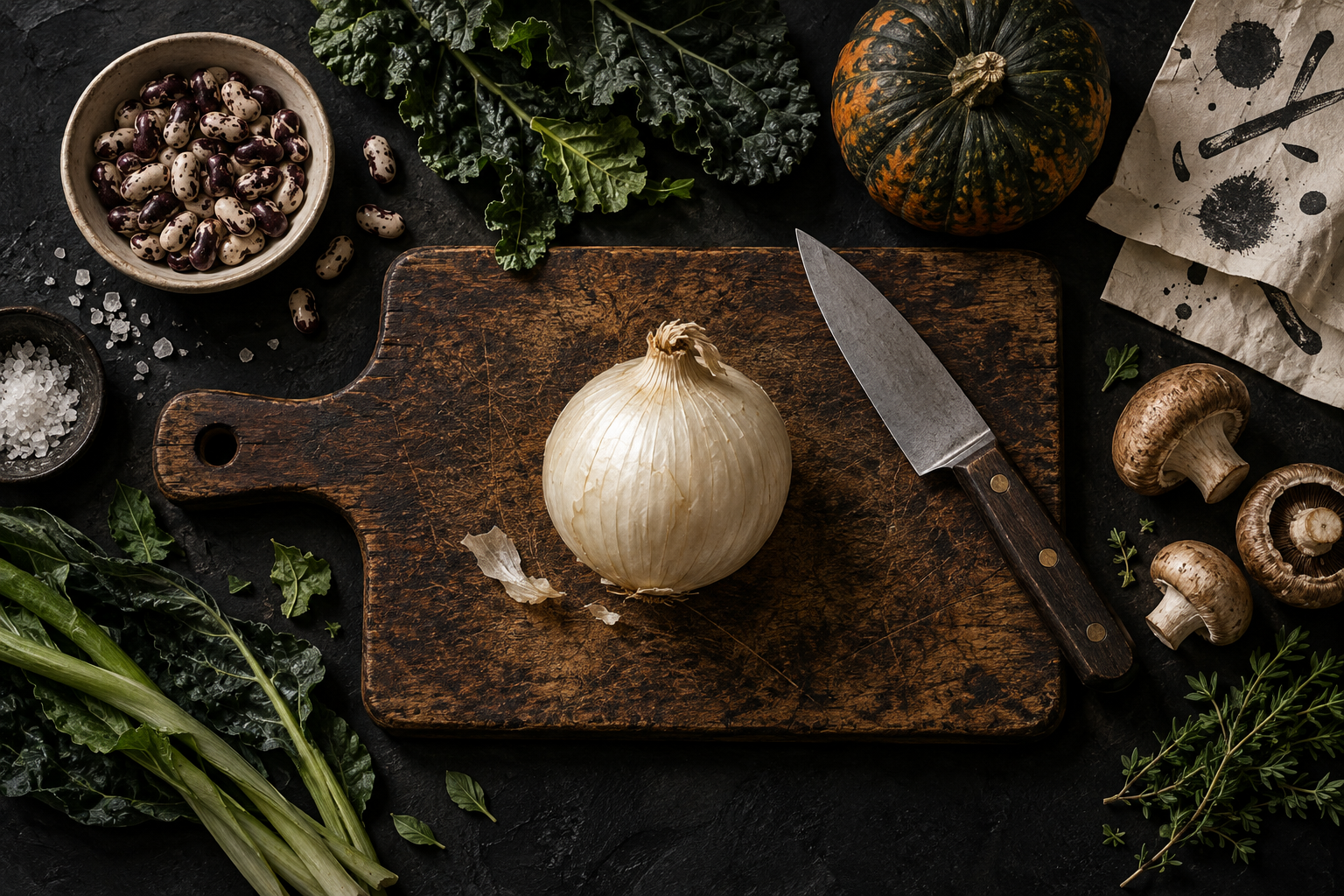 Cebolla blanca sobre una tabla de cocina, rodeada de judías, hojas verdes, una calabaza y setas, con un cuchillo a un lado.